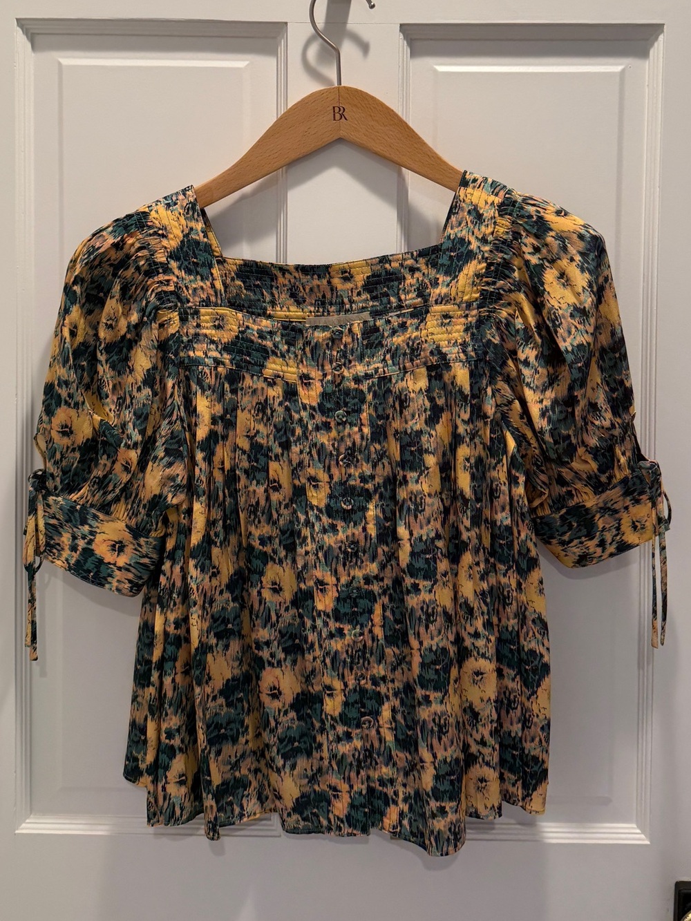 Ulla Johnson Yellow and Green Floral Smocked Peasant Blouse